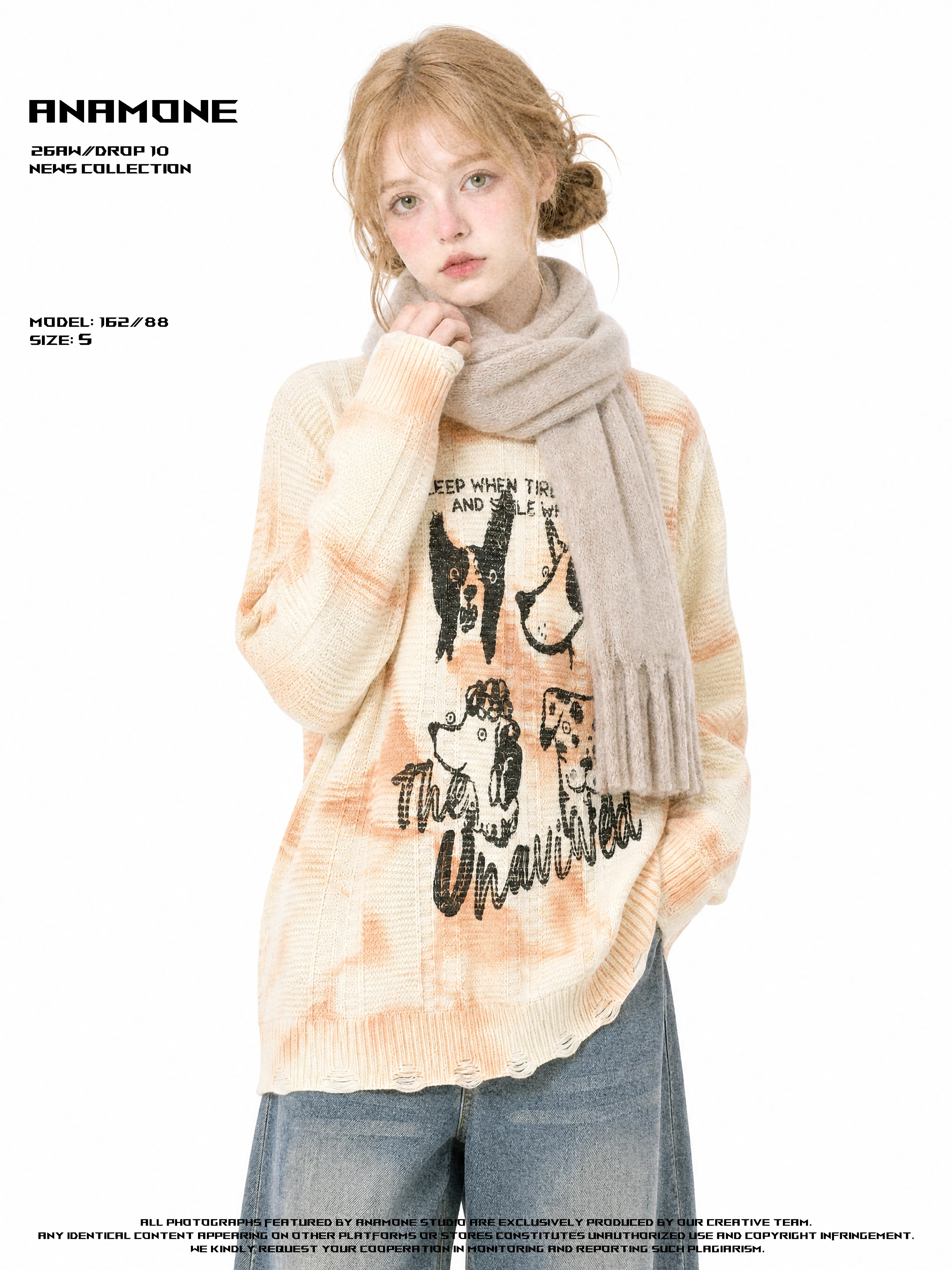 ANAMONE American Retro Tie Dye Dog Print Sweater Women's Loose Winter Break-In Design Sweet Style Long Sleeve Crew Neck