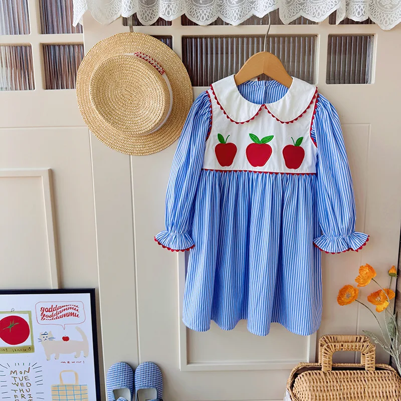 

Cartoon Embroidered Girls Dress2025Autumn Style Doll Collar Long Sleeve Elegant Children's Dress