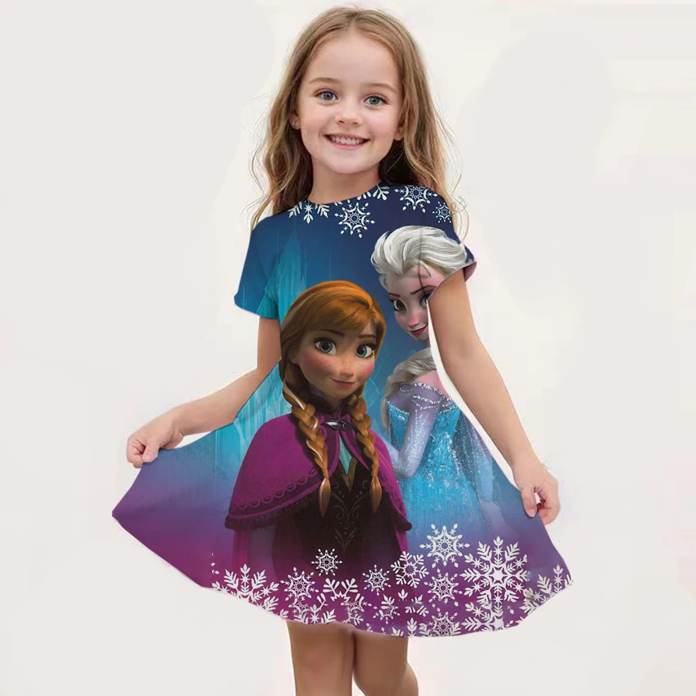 2024 MINISO New Summer Girls Queen Elsa Dress Fashion Cartoon Cute 3D Printing Dress Kid Short Sleeve Princess Frozen Clothing