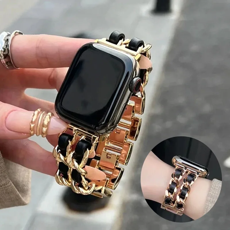 Women Metal Strap for Apple Watch Band 9 8 Ultra 49mm 7 SE 6 5 41mm 45mm 42mm 44/40mm Lady Gold Steel Leather Bracelet Wristband