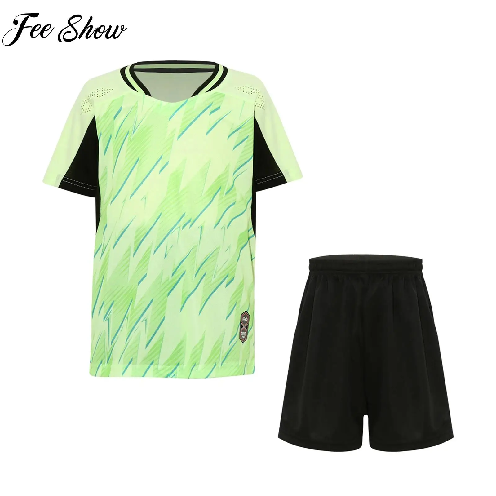 Kids Boys Football Sports Uniform Outfit Casual Clothes Short Sleeve Printed Soccer Top with Shorts for Training Camps Matches