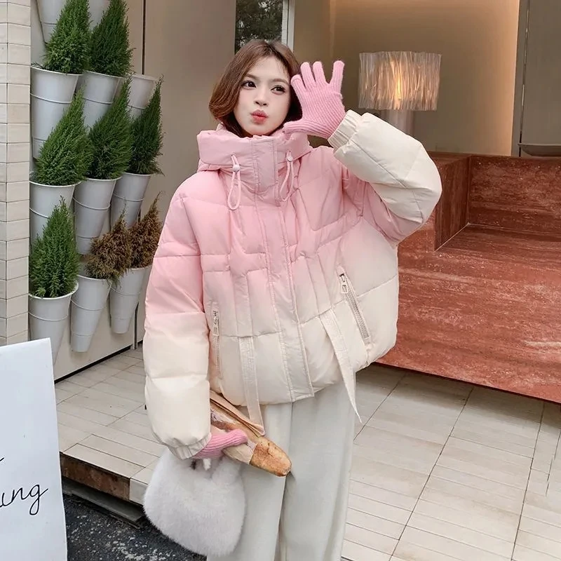 Veste en coton à capuche dégradé rose pour femmes en hiver pour nouveau Style court Design petit et élégant veste très belle