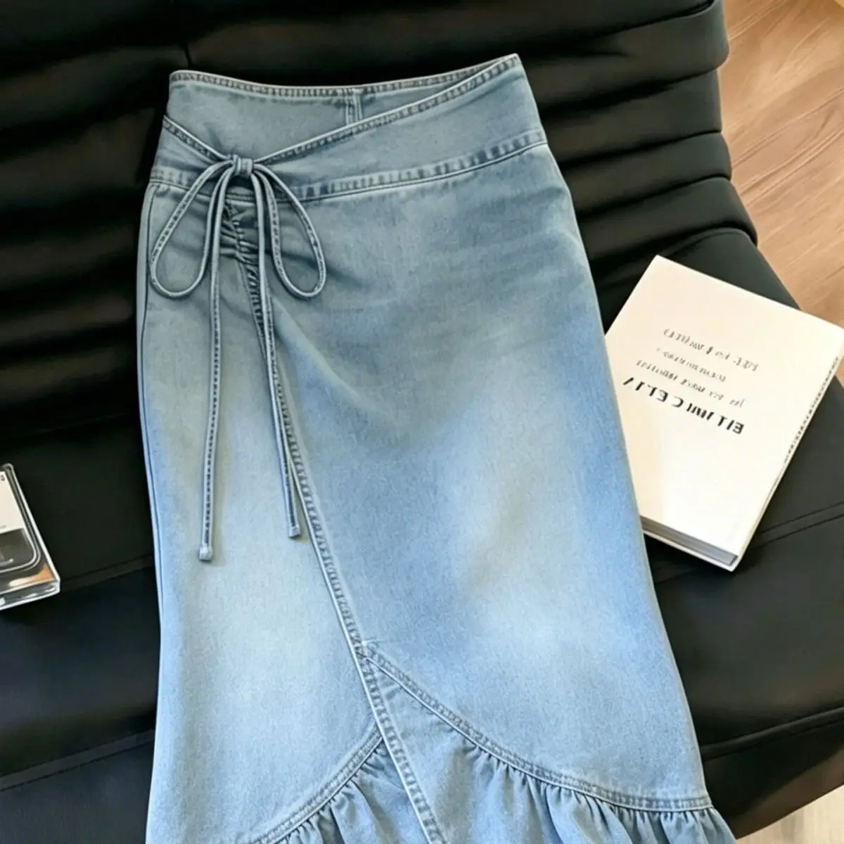 Light Blue Ruffle Leaf Edge Strap Denim Skirt Women New High-waisted Medium and Long Skirt - view 2