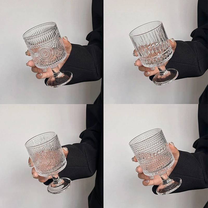 Korean Style Engraved Embossed Small Goblet Glass Cup For Soju Sake Liquor Short Stemmed Glass