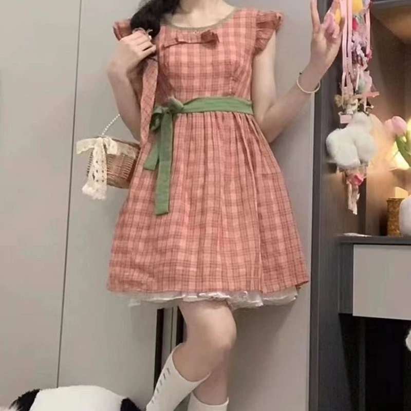 Versatile Sweet Plaid Dresses Women Korean Style Summer Bow Lace-up Flying Sleeve O-neck High Waisted A-line Short Dress Female