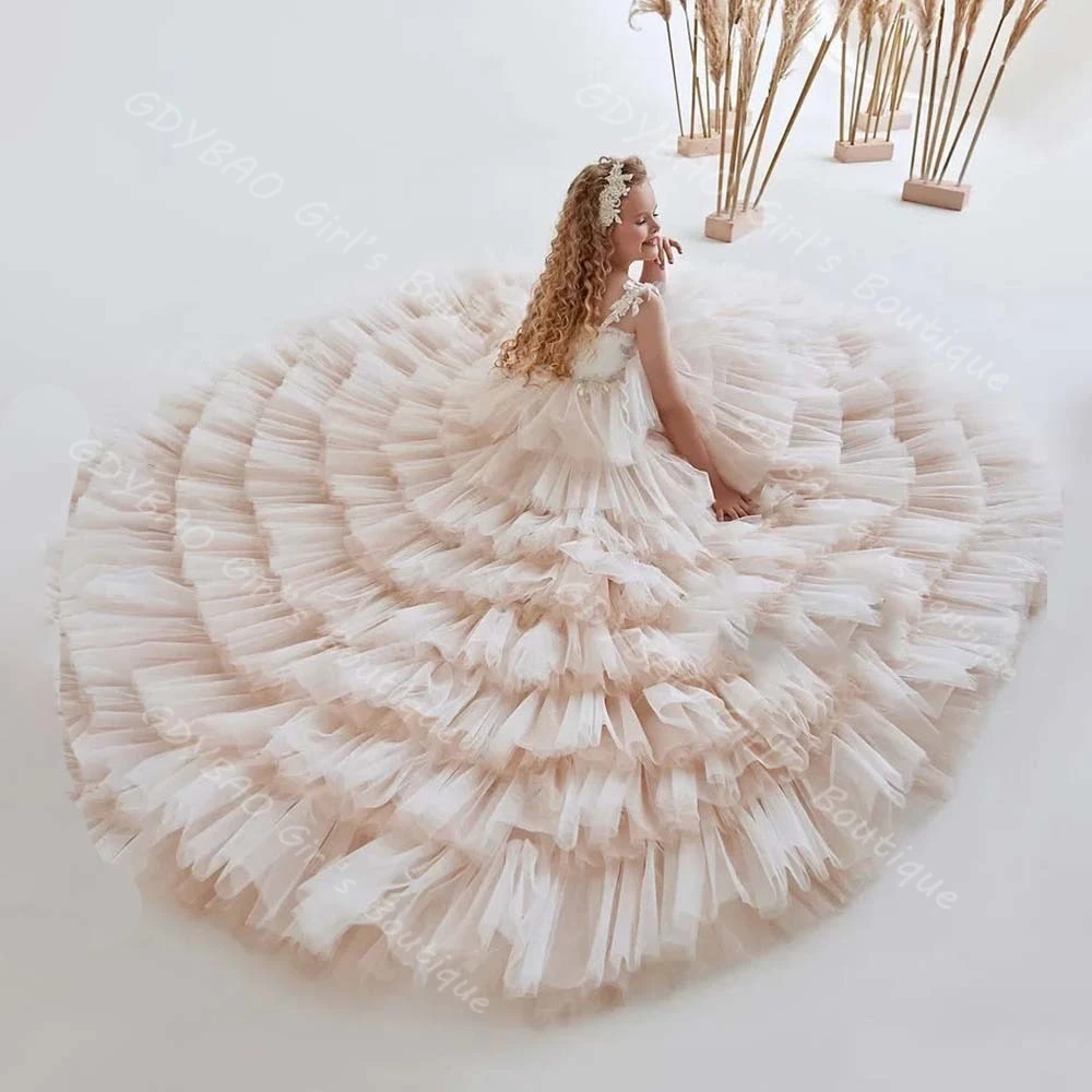 우아한 키즈 티어드 튤 생일 파티 성찬식 드레스 블러쉬 핑크 스트랩 플라워 걸 드레스 웨딩 시퀸 맞춤 제작