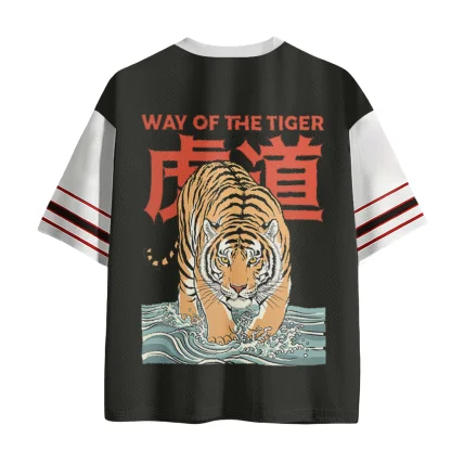 Neck Mesh Jersey Short Sleeve Retro Tiger Graphic Streetwear Top