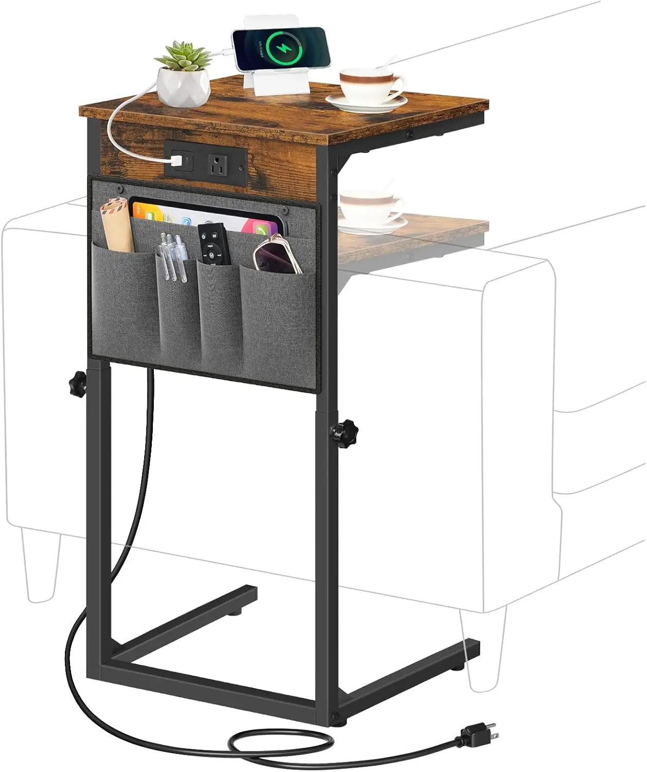 

C Shaped End Table with Charging Station, 30” Adjustable Height, Storage Pocket, Slide Under Couch, Rustic Brown