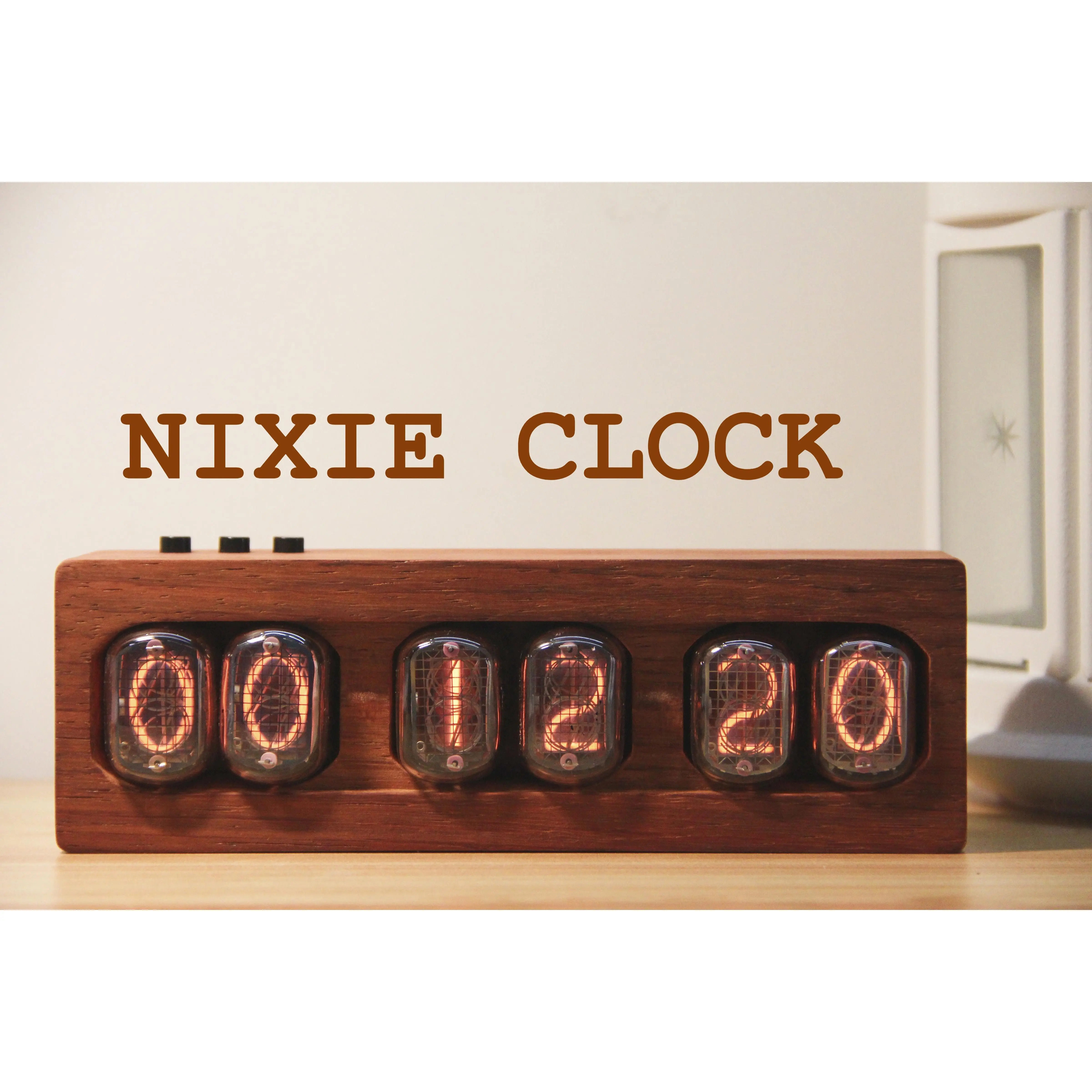 IN12 Nixie Tube Clock Retro Glow Tube Digital Clock with Solid Wood Base Vintage Desk Ornament Cyberpunk Style Home Office Decor