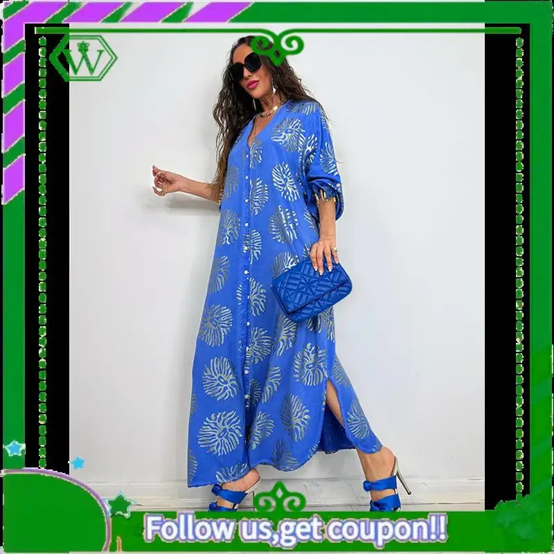 A18P-Abito Boho da donna con stampa floreale, spacco laterale, profondo scollo a V, maniche corte, maxi abito a trapezio, maxi abiti fluidi
