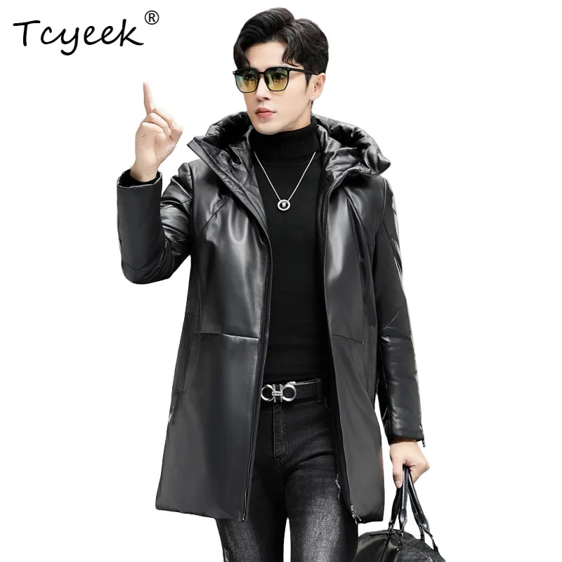 Tcyeek Genuine Leather Puffer Jacket Men's Sheepskin Coats High-end Mid-length Hooded Thick Winter Jackets for Men 2026 Пуховик