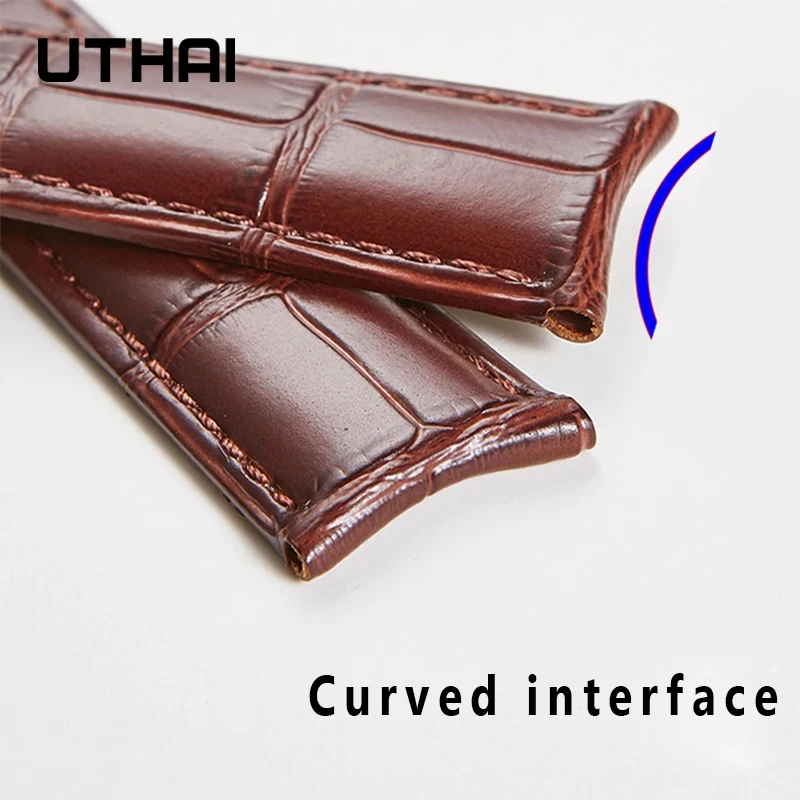 UTHAI F09 Leather Watchband Curved Interface Bamboo Pattern Buckle Business 19mm 20mm 21mm 22mm 24mm Retro Watch Strap