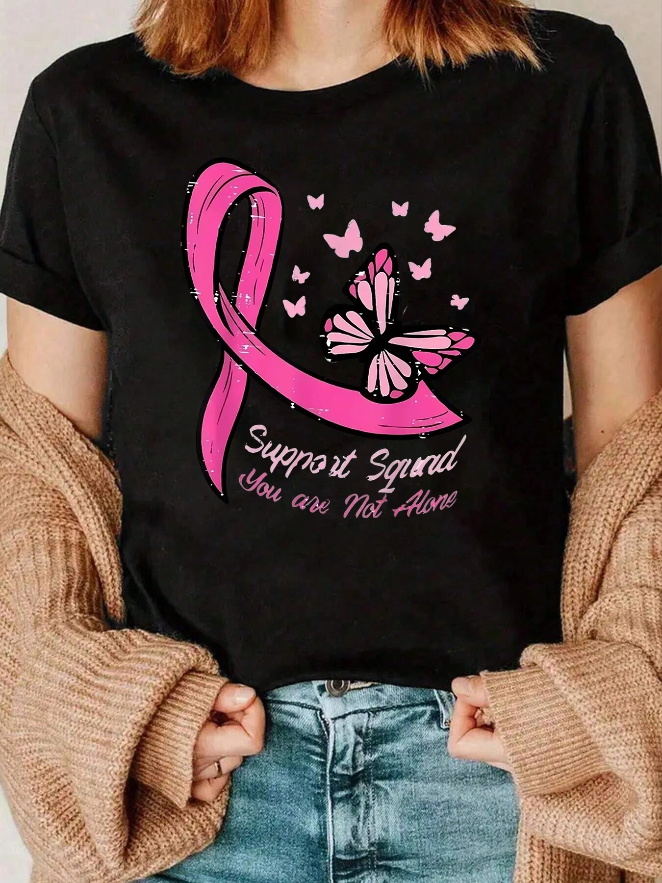 

Pink Ribbon Butterfly Support Squad T Shirt Women Breast Cancer Awareness Casual Top 220g