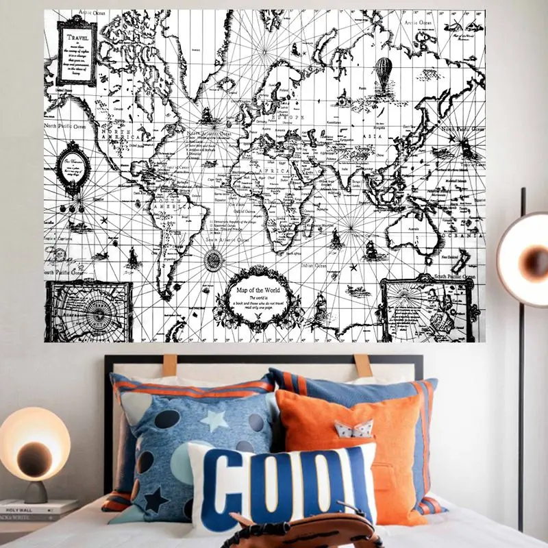 VIKAMA Vintage World Map Tapestry Ocean Ship Compass Wall Hanging Aesthetic Living Room Bedroom Polyester Decor