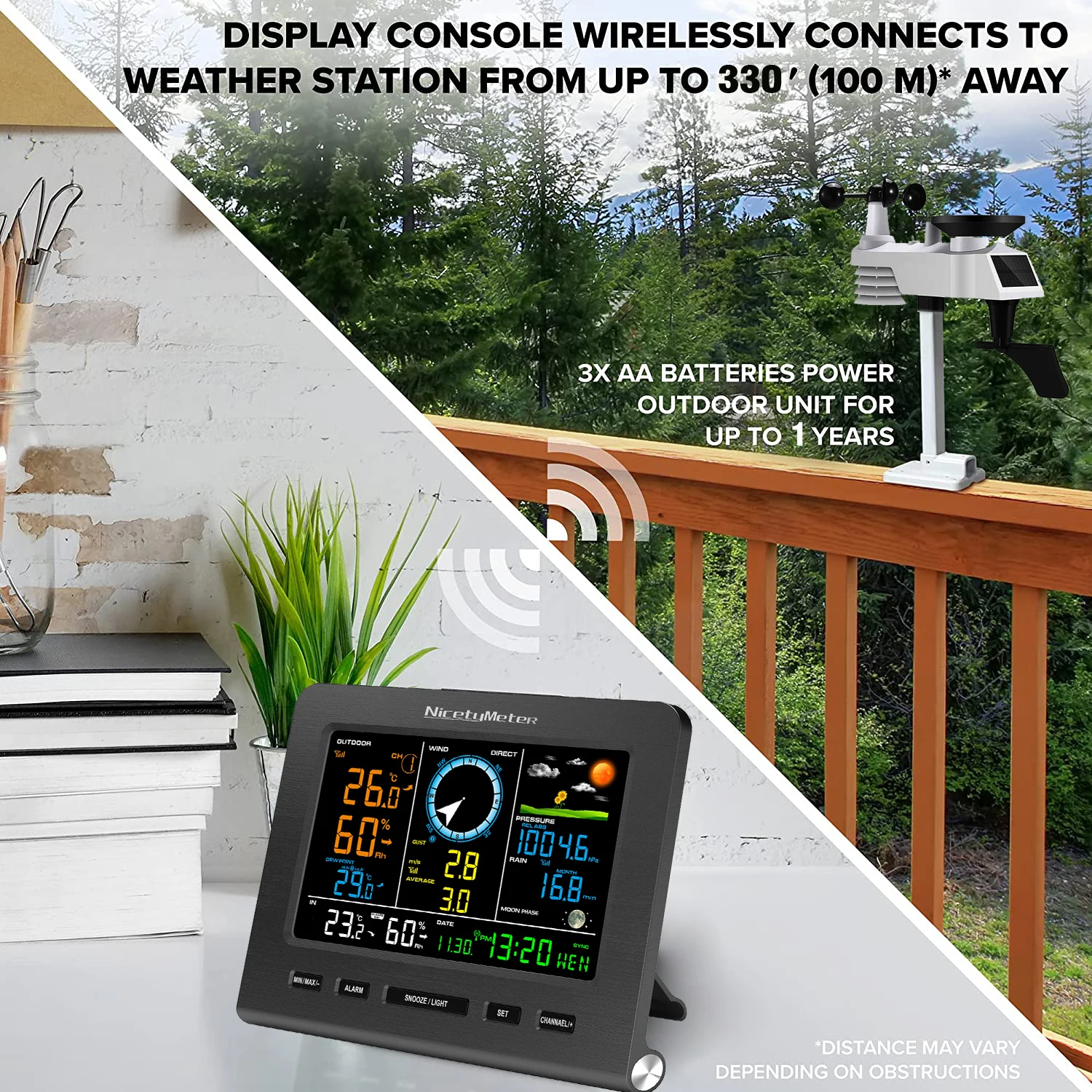 No WIFI Wireless Weather Station Weather Forecast Temperature Pressure Humidity Wind Gauge Rain Gauge Moon Phrase Alarm Clock