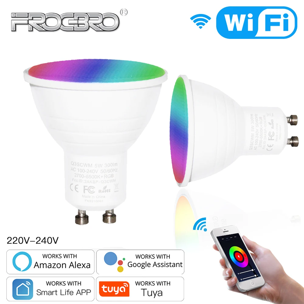 FrogBro Smart LED Light Bulbs WiFi Spotlight GU10 Base RGBCW Dimmable Color Changing Lamps Compatible with Alexa Google Home