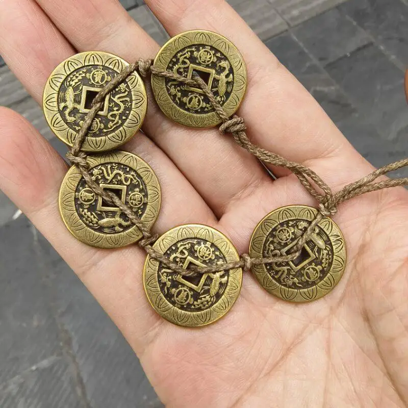 Antique Brass Five Emperor Coin Dragon and Phoenix Relief Decoration Copper Coins Hanging Ornament Accessories Handicraft