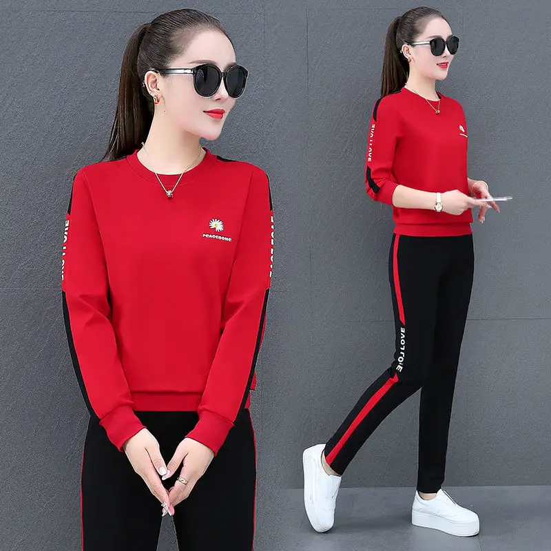 2022 Summer New Daisy Loose Pants Suit Women\'s Track Korean Version Splicing Long Sleeved Top and Trousers Two Piece Set