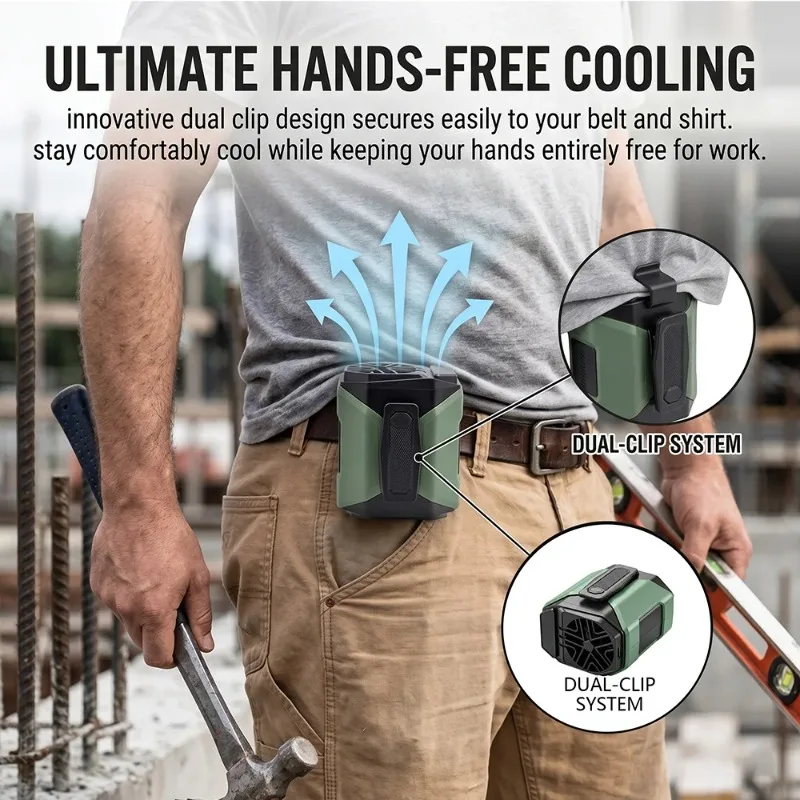 Portable Waist Fan 10000mAh Rechargeable Waist Clip Fan Strong Airflow Cooling Neck Fan for Outdoor Jobsite Travel World Cup