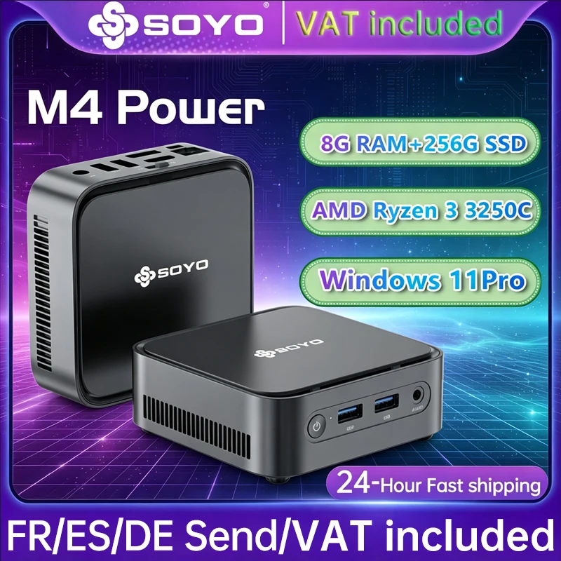 SOYO M4 Power Mini-PC AMD Ryzen 3 3250C 8GB DDR4 256GB M.2 SSD Windows11 Pro WIFI5 Bluetooth4.2 Desktop-Mini-Computer DP HDMI RJ45 Büro- und Heim-Mikro-PC