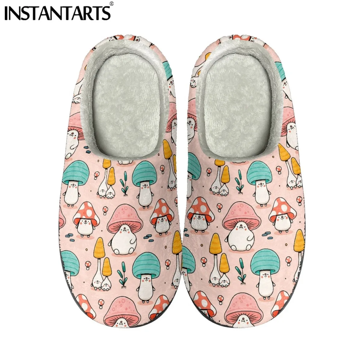 INSTANTARTS Mushroom Pattern House Flat Floor Soft Silent Slides Warm Plush Slippers Woman Indoor Slippers Couple Winter Shoes