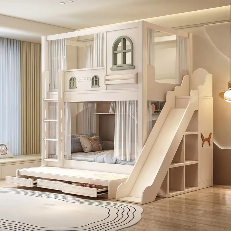 Children's Wooden Mediterranean Bunk Bed Same Width Castle Double-Layer High Guardrail Two-Story Low Mother-and-Baby
