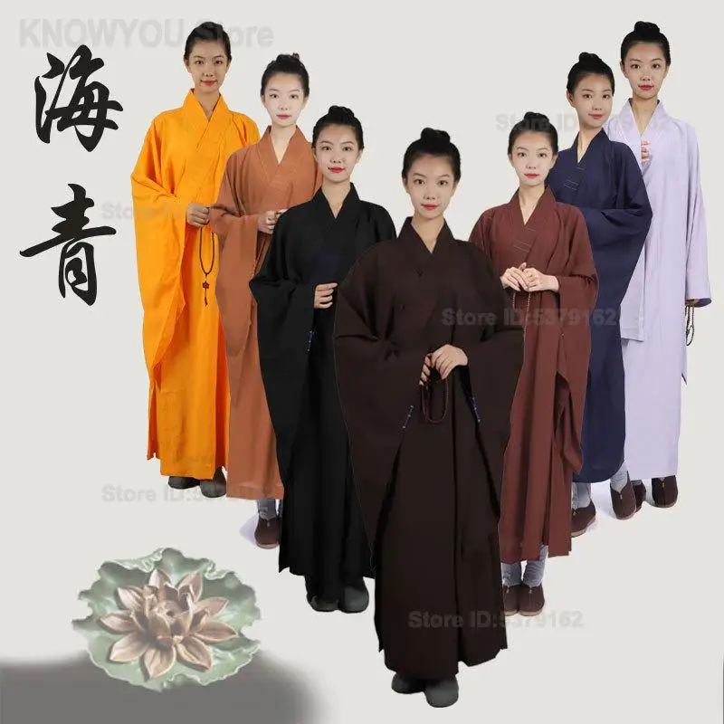 Haiqing Buddhist Lay Robe Unisex Taiwan Linen Coffee Color Four Seasons Long Gown Short Coat Meditation Practice Clothing