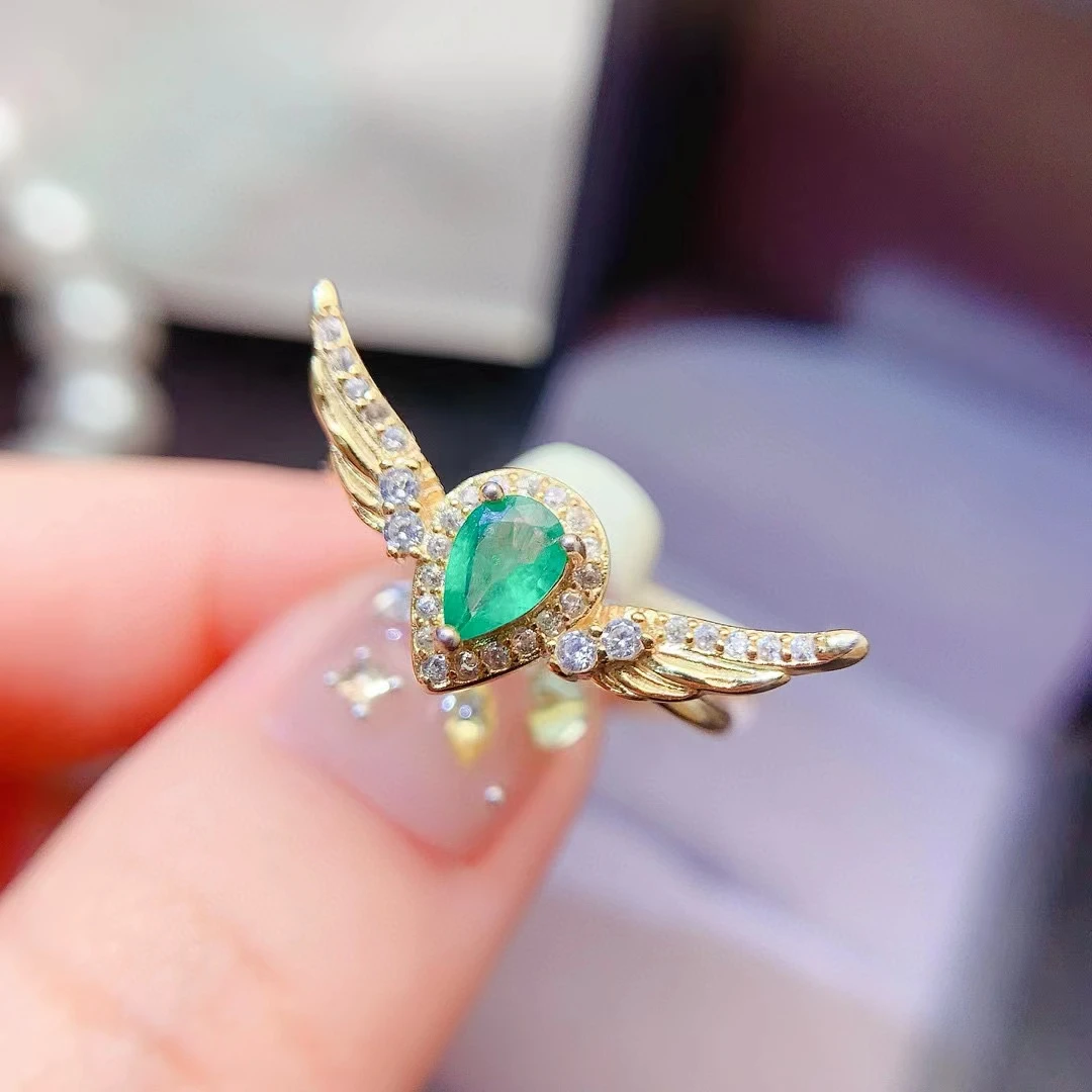 

925 Silver Angel Swing for Party 4mm*6mm 0.3ct Natural Emerald Ring 3 Layers 18K Gold Plated Emerald Jewelry