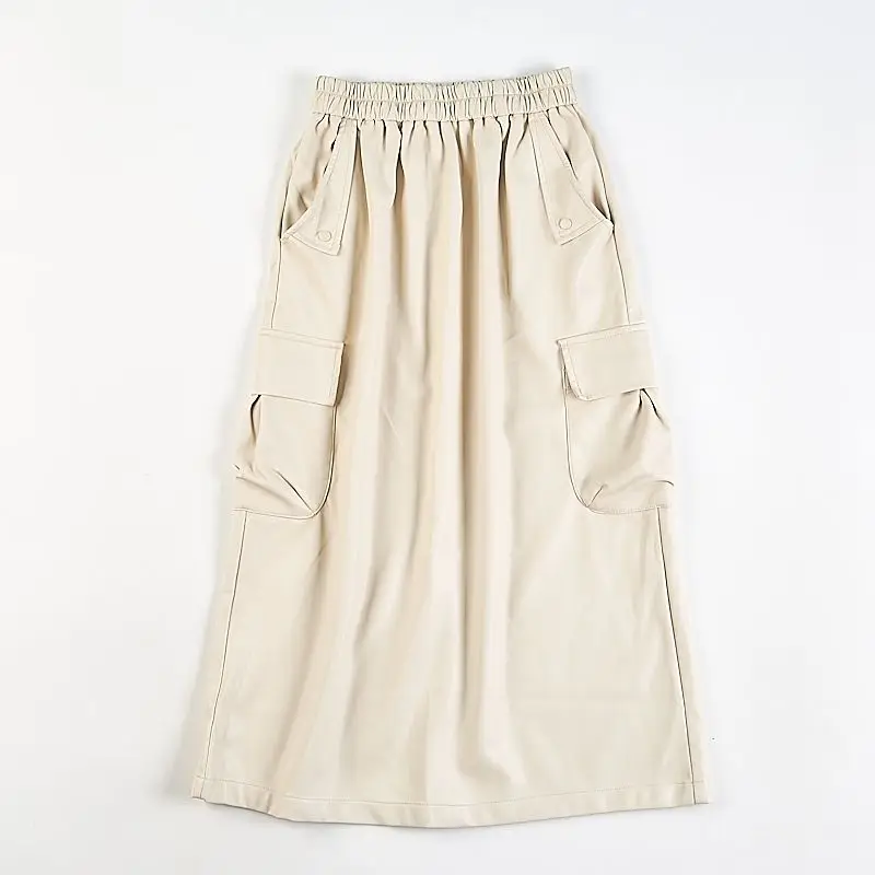 Herbst/Winter Neuer All-Match-Retro-PU-Lederrock, halblanger Rock mit mehreren Taschen zum Abnehmen, mittellanger Rock