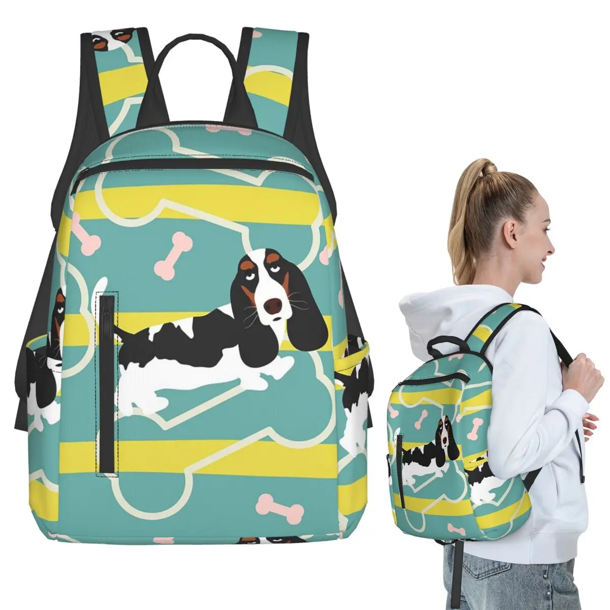 

Cute Basset Puppy With Bone Motifs Backpack Student BookBag Children School Bag Laptop Shoulder Bags Men Women