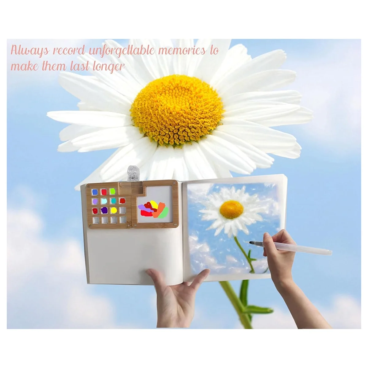 여행용 수채화 페인트 세트, 작은 팔레트, 스케치북 브러시, 나무 15 그리드 팔레트, 클립 포함