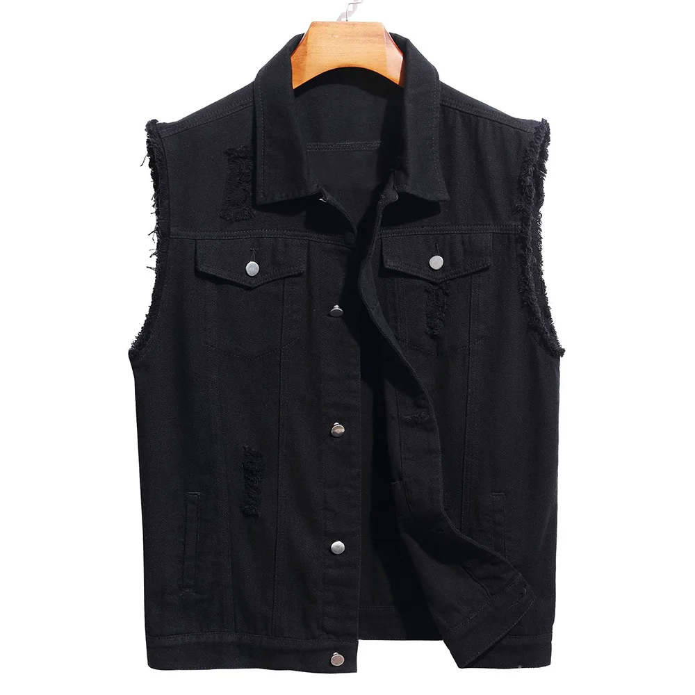 

Men's Black Denim Vest Holes Ripped Cotton Waistcoat Fringe Sleeveless Lapel Collar Coat Top Outerwear