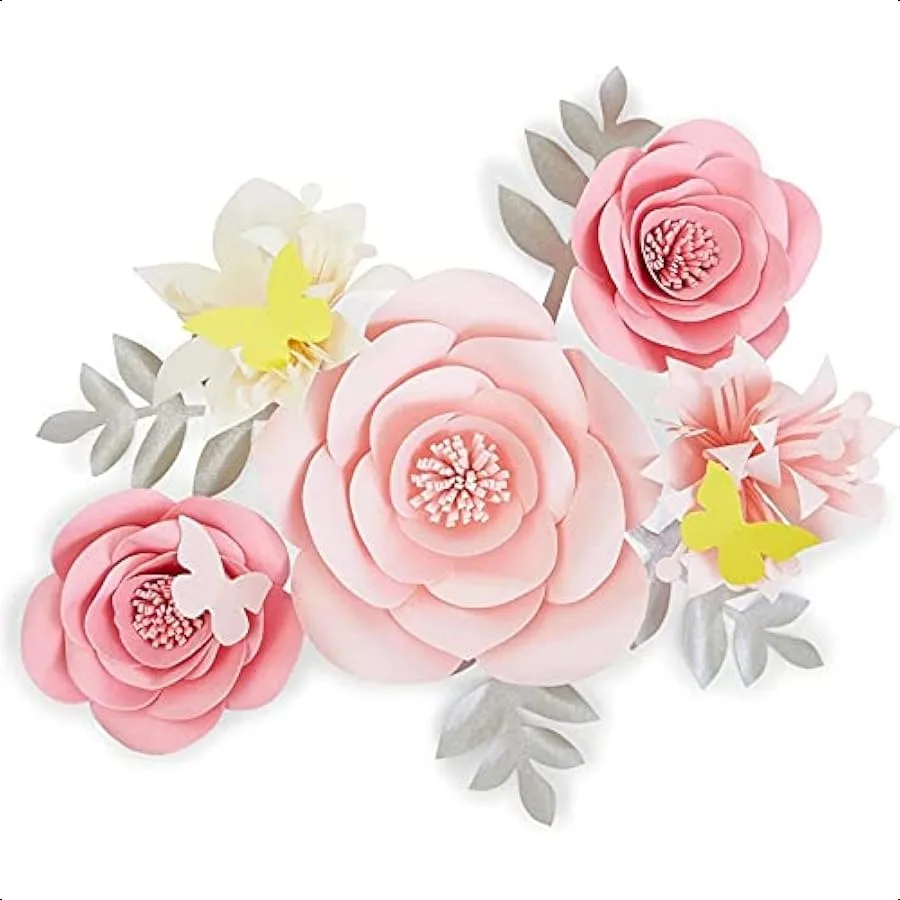 

13 Pieces 3D Paper Flowers Decorations for Wall Decor Pink Floral Ornamentation with Lilies Butterflies Quick and EasyInstall E