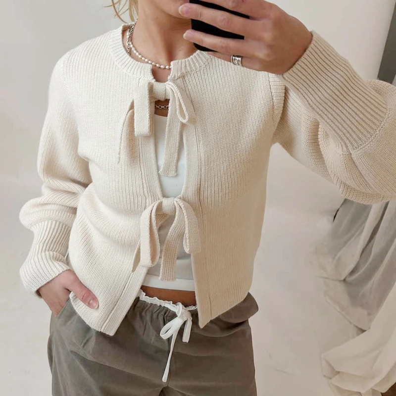 Autumn Winter Knit Cardigan Y2K Kawaii Tie Front Long Sleeve Sweater Coat Women Fashion Loose Fit Knitwear Jackets Streetwear