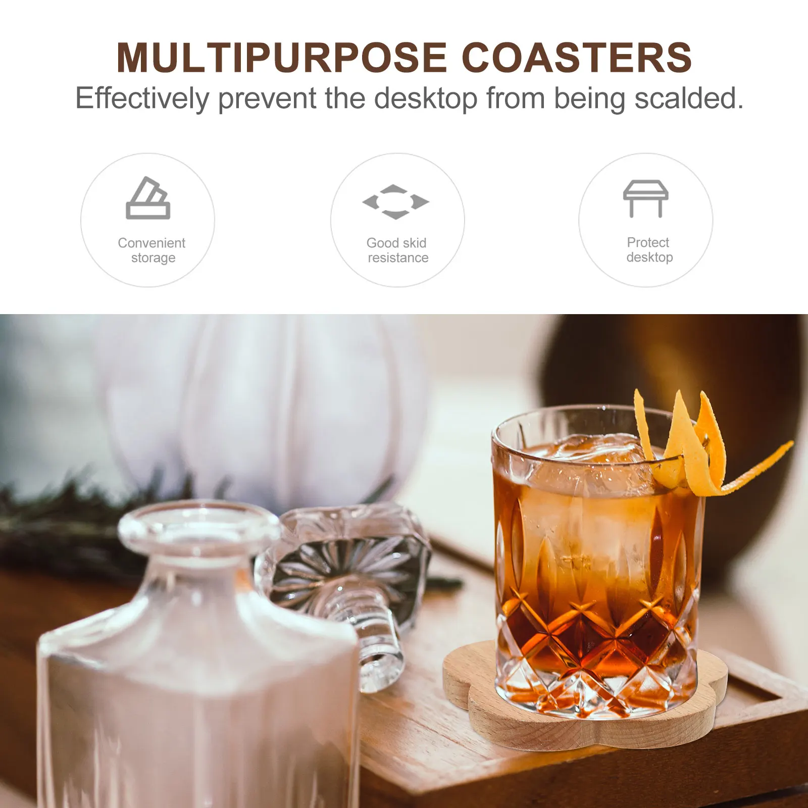 

7pcs Wood Coasters Solid Cup Mats Heat Insulation Waterproof Table Protector Creative Thick Flower Design Non Slip