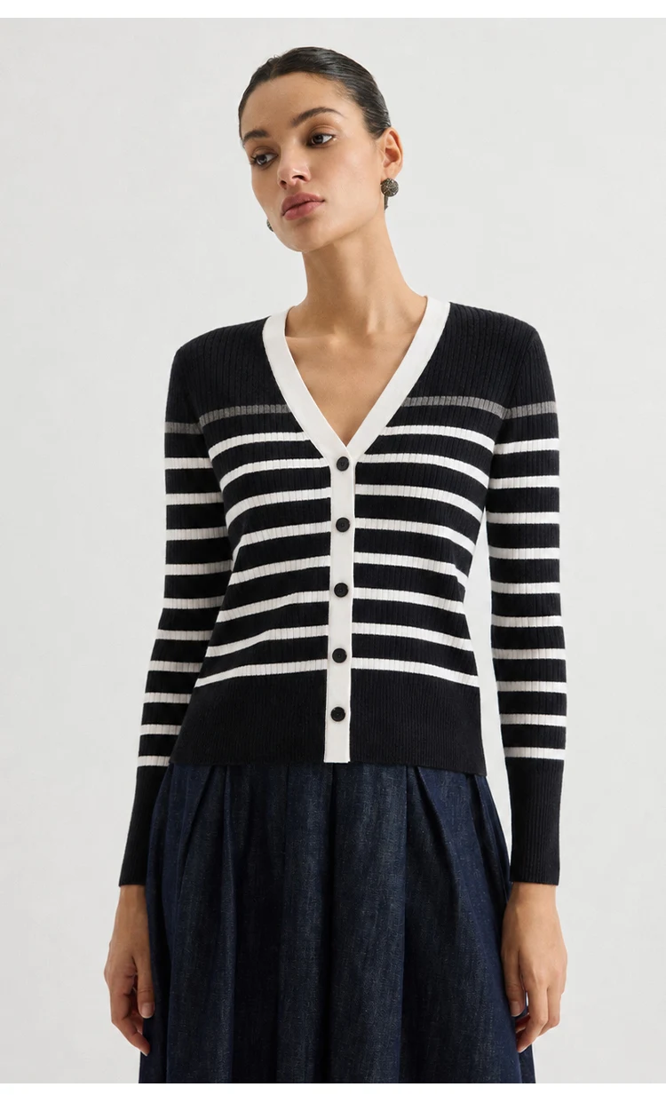 MZ62028 Damen Vintage Gestreifter V-Ausschnitt Gerippter Strick Langarm-Cardigan mit Kontrastbesatz Knopfleiste Modal-Mischung Frühherbst-Pullover – Detail 3