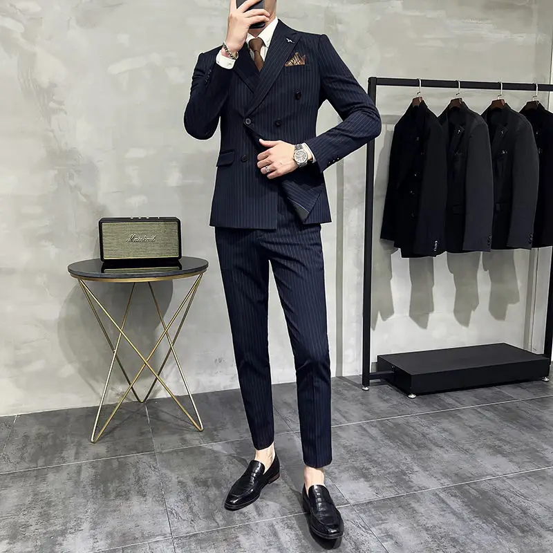 2-A14 abito a righe con doppia fessura abito da uomo youth slim stile coreano giacca casual abito da sposa sposo alla moda