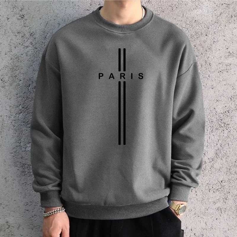 Men Oversized Dark Grey Graphic Sweatshirts Hoodied PARIS Printed Long Sleeve T-shirt Cotton Hiphop Tees Sports Top Men Clothing