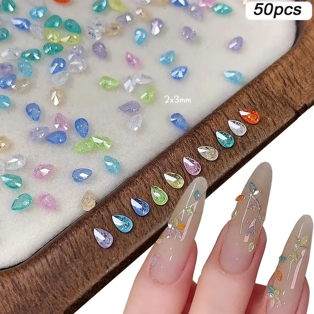 

50pcs Colorful Water Drop Zircon Nail Diamond 2*3mm Mini Candy Color Crystal Nail Gemstones Shiny Glass Nail Rhinestones Decor 8