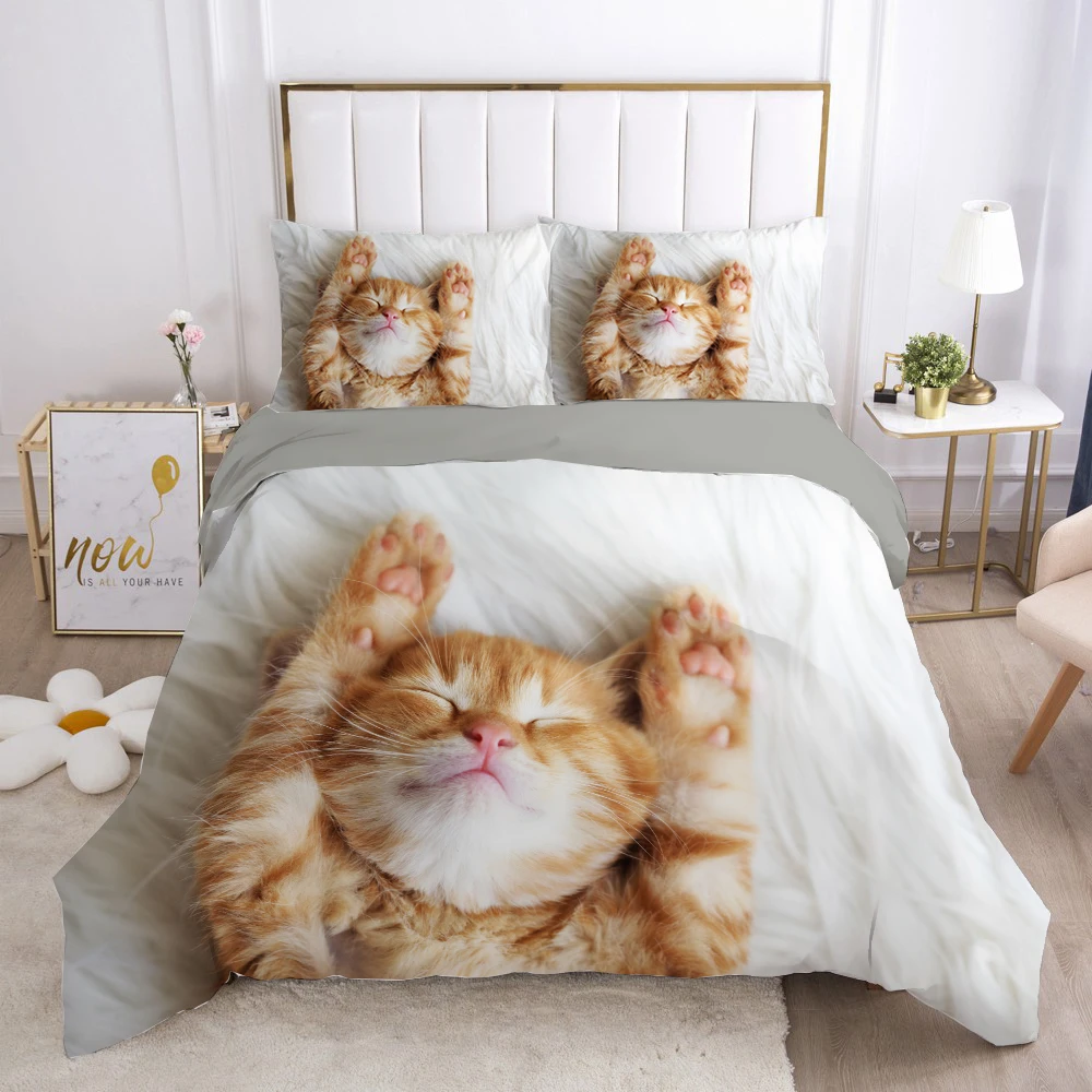 Cat Duvet Cover Set Lovely Animal Kitten Printed Quilt Cover Kids Teens Girl Animal Double Queen King Size Polyester Bedding Set