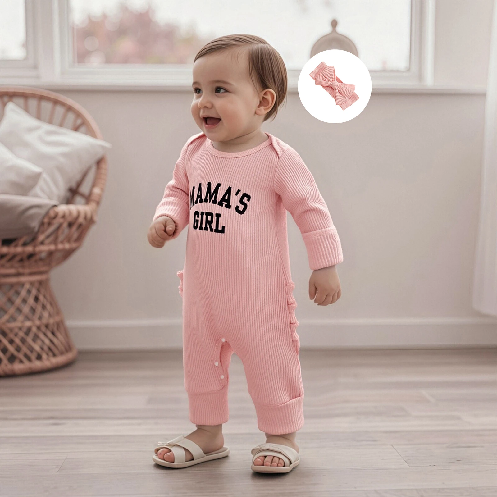 

Комбинезон для маленьких девочек с подходящей повязкой на голову, комплект из 2 предметов, комбинезон в рубчик полной длины с длинными рукавами и буквенным принтом, одежда для новорожденных