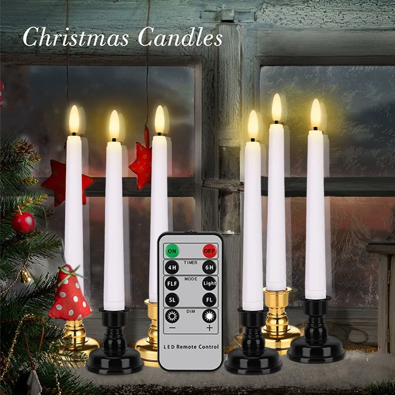 

9pcs/set Plastic Candle Light 3D Flame Flickering Long Pole Candle Holiday Party 10 Key Remote Control Electronic Candle
