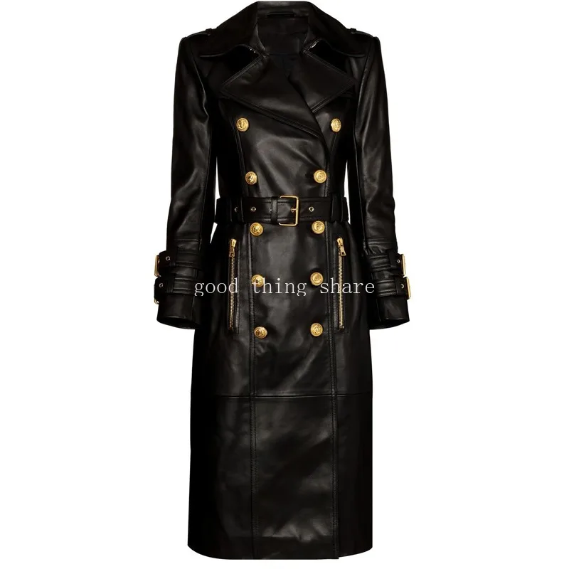 Black PU Leather Long Coats Luxury Design Double Breasted  for Ladies Quality Street Women Trench with Belt