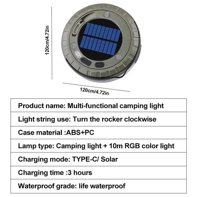 Solar Lights Outdoor Camping Light 10meter String Light Outdoor Tent Light RGB Atmosphere Light LED Flashlight with Hook