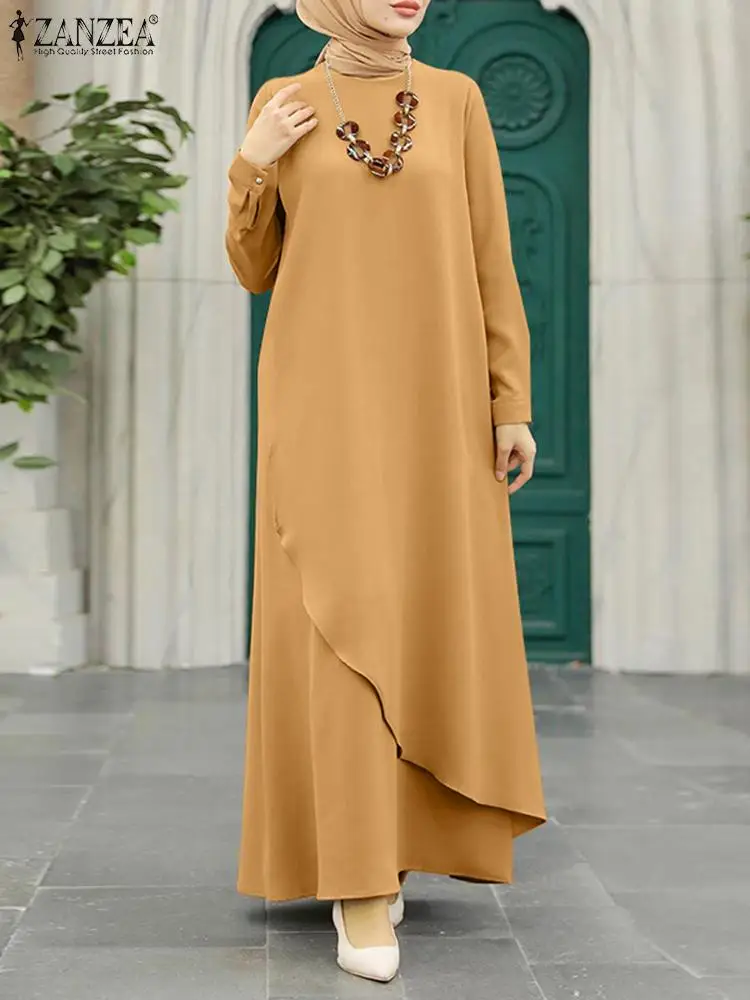 Stylish Women Long Sleeve Solid Asymmetrical Hem Dress ZANZEA Eid Mubarek Ramadan Maxi Sundress Casual Loose Muslim Vestidos