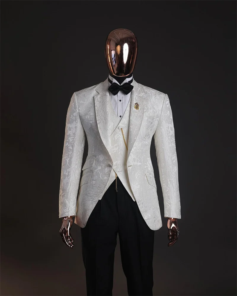Printed White Men Suit Set 3 Pcs Blazer+Vest+Pants Trousers Wedding Tuxedos Coat Customized Formal Office Groom Jacket