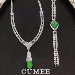 CUMEE Retro New Style High End Style Banquet Chalcedony Bracelet Necklace Set Women 925 Silver Gold Plating