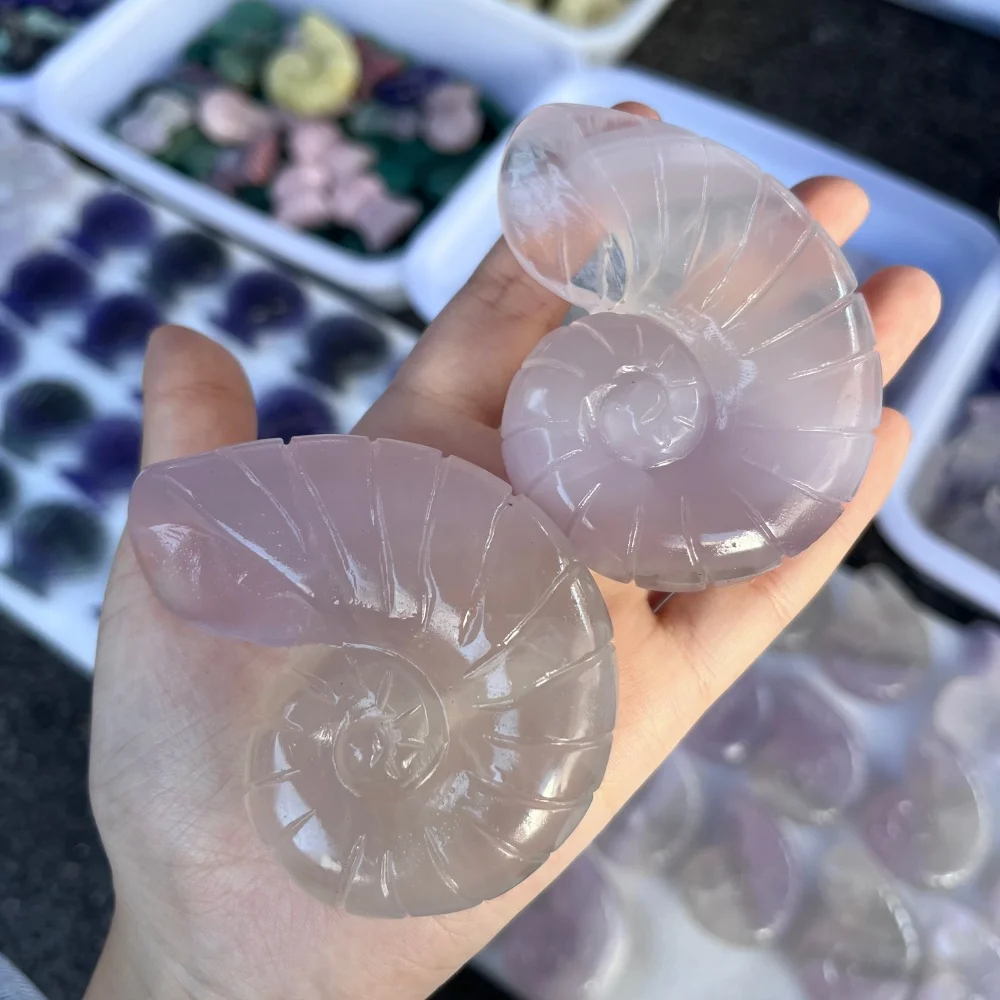 2pcs Natural Rose Quartz Seashell Carving Polished Reiki Healing Energy Stones Feng Shui Room Decor Gift
