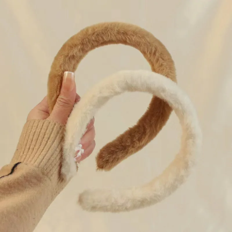 Winter Plush Hair Bands for Women Girls Korean Fashion Solid Wide Rabbit Fur Hairbands Sweet Furry Hair Hoop Hair Accessories