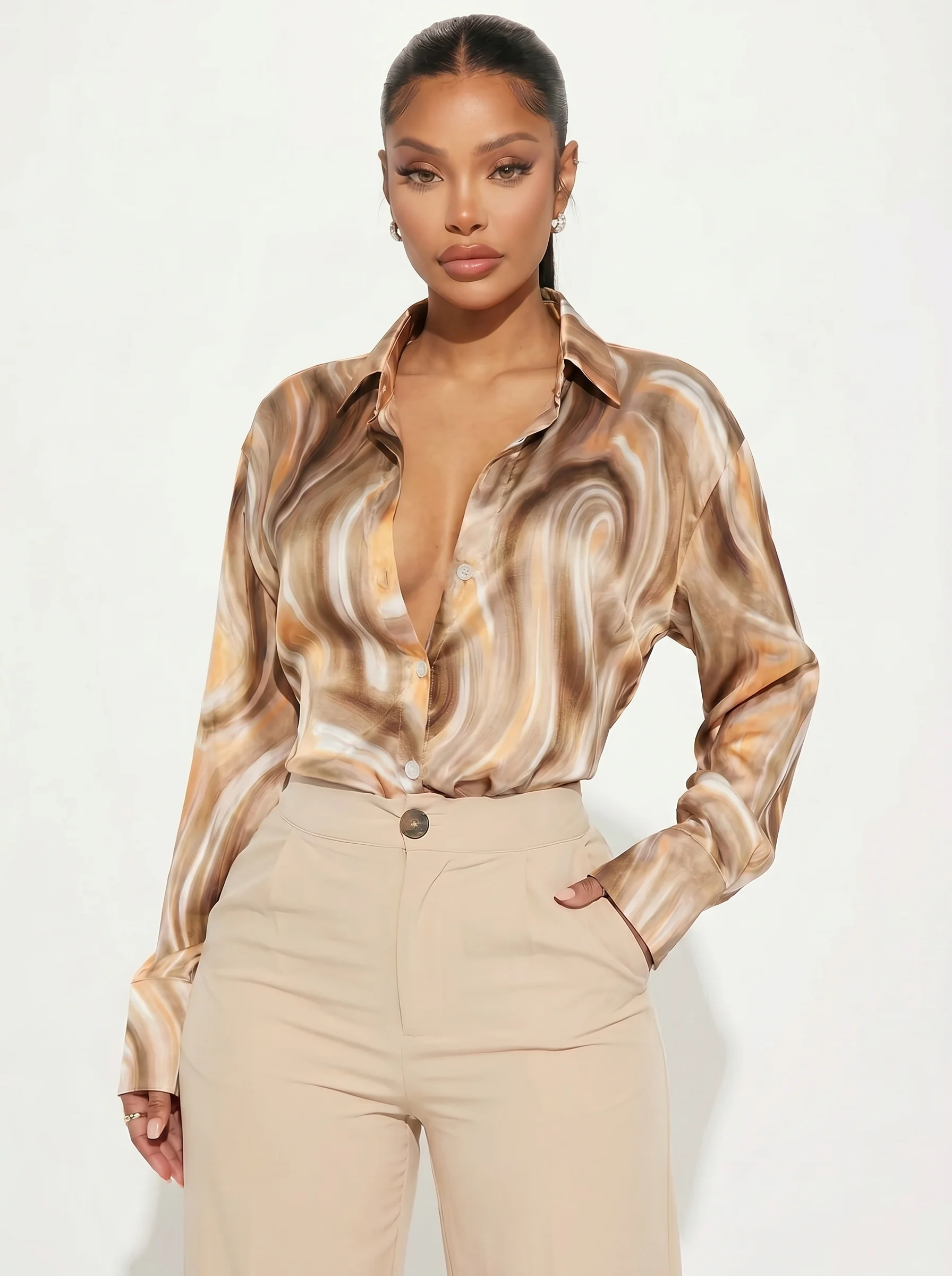 Plus Size Women's Swirl Pattern Button Up Shirt, Long Sleeve Point Collar Loose Fit Blouse